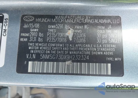 2009 Hyundai Santa Fe Gls z USA, uszkodzony, nr VIN 5NMSG73DX9H232324